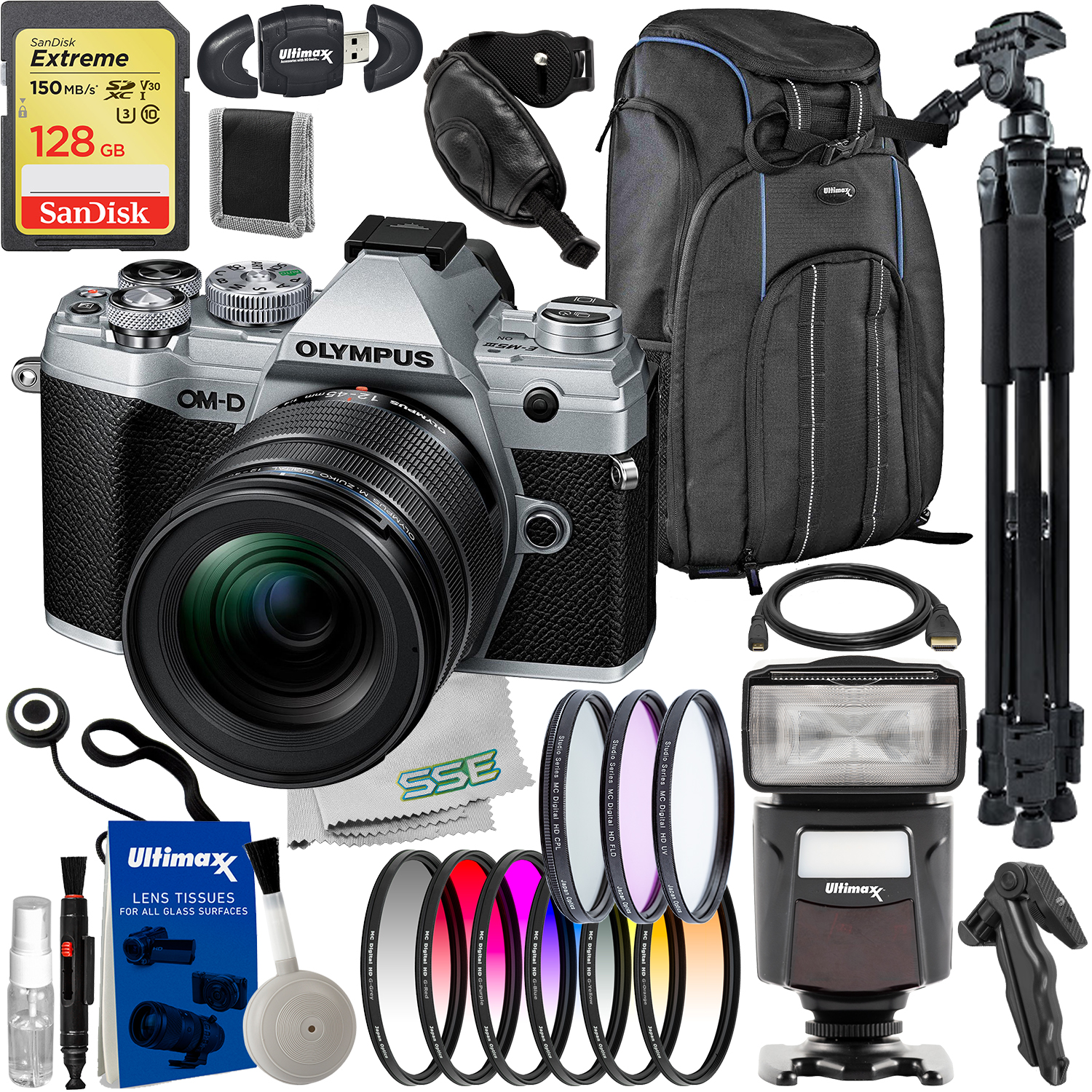 Olympus OM-D E-M5 Mark III Mirrorless Camera with 12-45mm Lens (Silver) + SanDisk 128GB Extreme SDXC, Universal Speedlite with LED Video Light, Deluxe Camera Backpack & So Much More (31pc Bundle)