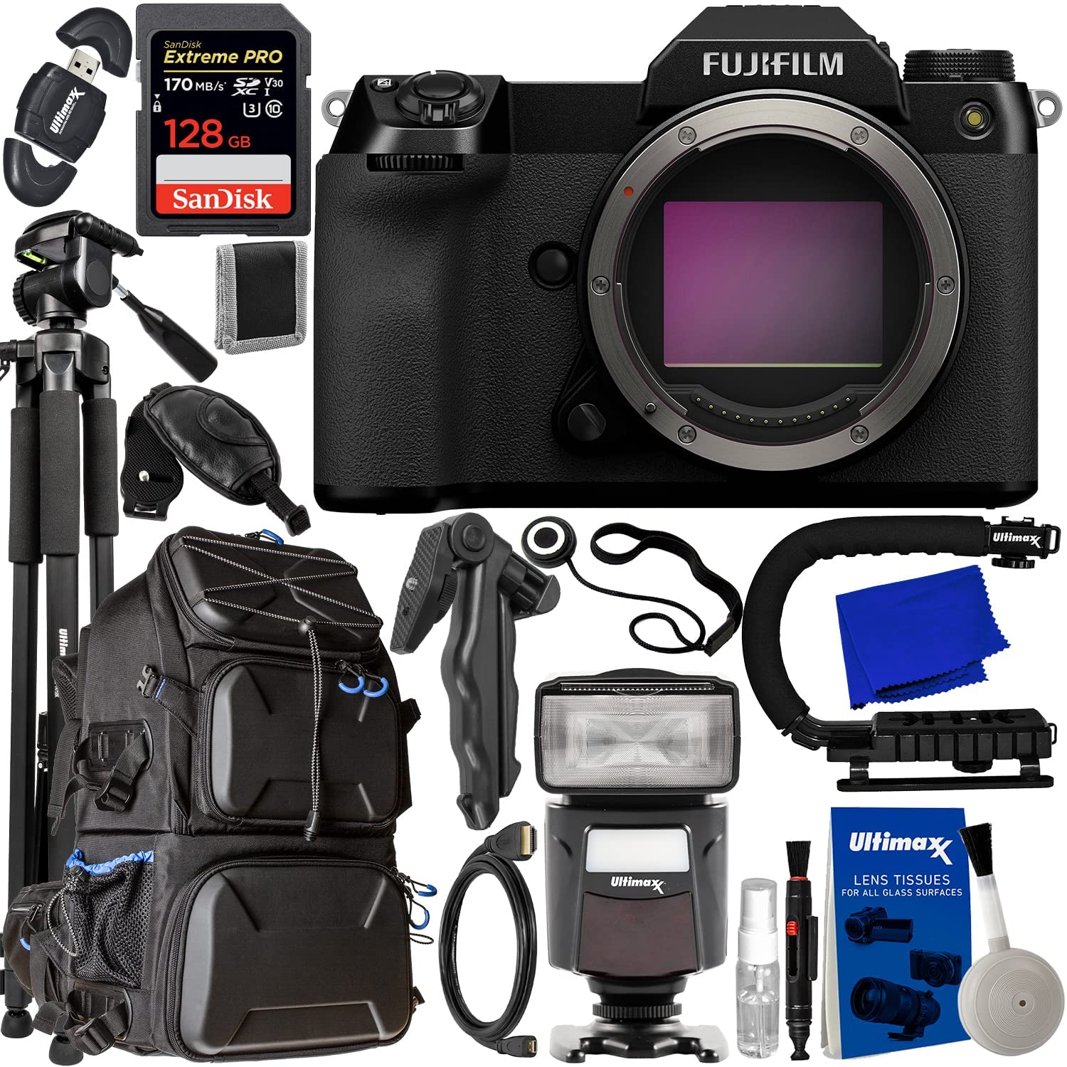 FUJIFILM GFX 50S II Medium Format Mirrorless Camera (Body Only) + SanDisk 128GB Extreme Pro SDXC, Deluxe Hard-Shell Camera Backpack, Universal Speedlite with LED Video Light & Much More (24pc Bundle)