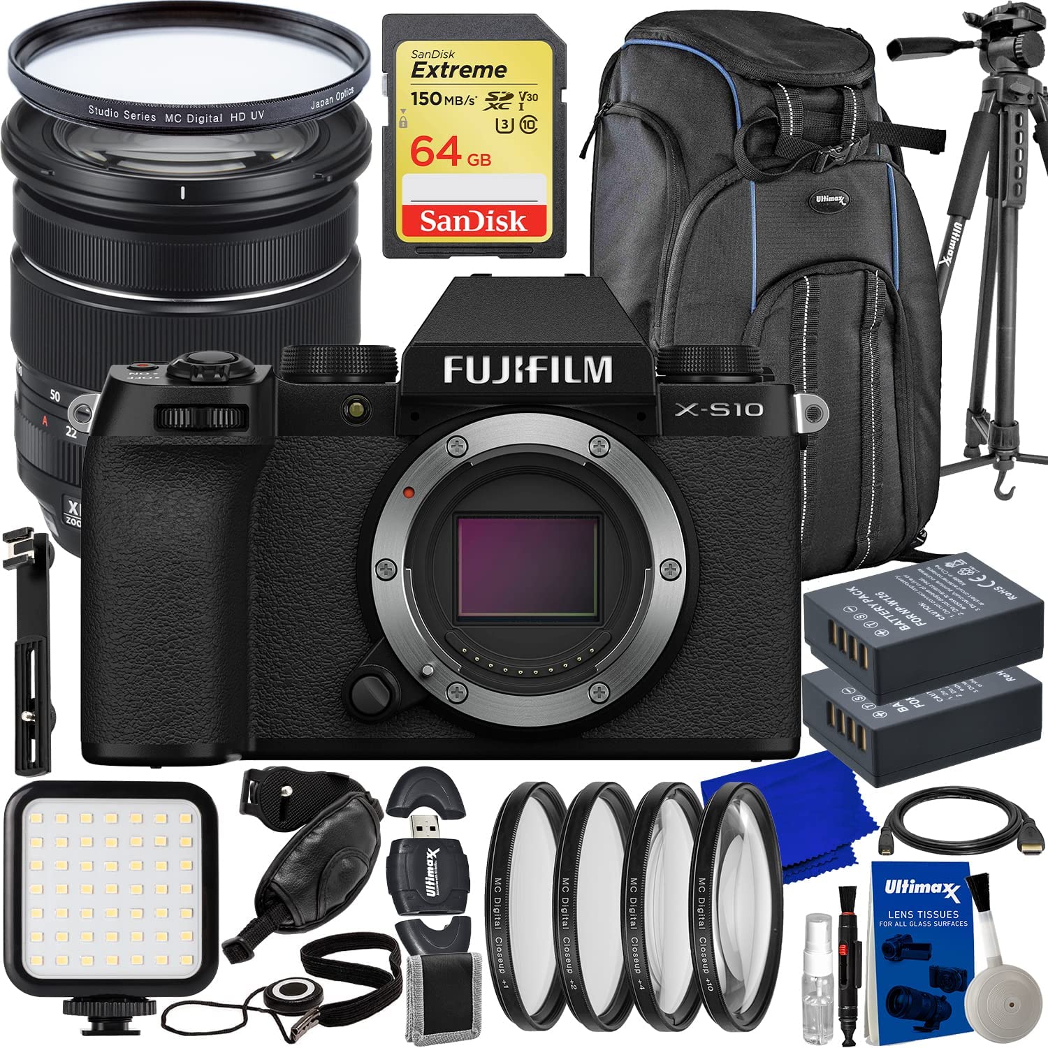 FUJIFILM X-S10 Mirrorless Camera with 16-80mm Lens + SanDisk 64GB Extreme SDXC, Deluxe Camera Backpack, 2X Extended Life Batteries, Protective Multi-Coated UV Filter & Much More (30pc Bundle)