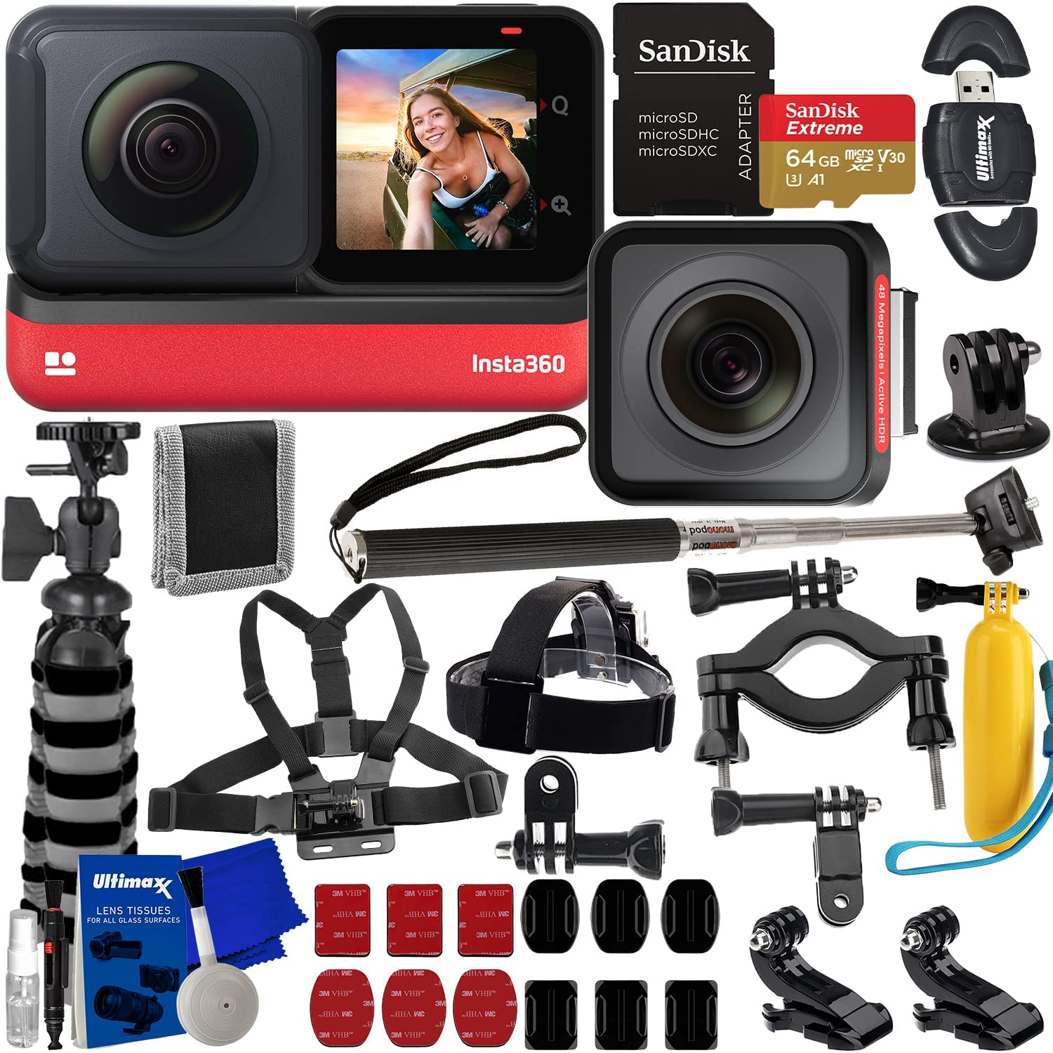 Insta360 ONE RS Twin Edition + SanDisk 64GB Extreme MicroSDXC, Multi-Adjustable Bike/Pipe Mount, Selfie Stick with Action Camera Adapter, Mini “Gripster” Tripod, Card Reader & Much More (28pc Bundle)