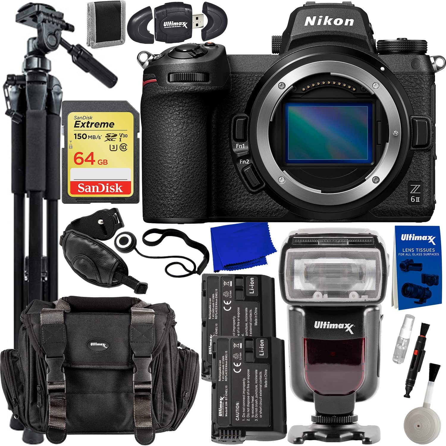 Nikon Z6 II Mirrorless Camera (Body Only) + Advanced Accessory Bundle: SanDisk 64GB Extreme SDXC Memory Card, 2x Spare Batteries, Universal Speedlite & Much More (24pc Bundle)