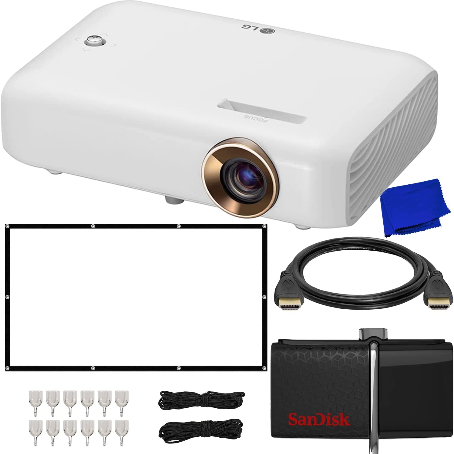 LG CineBeam PH510P 550-Lumen HD Portable DLP Projector with Miracast + SanDisk Ultra Dual USB Drive 3.0 Flash Drive 32GB, 120” Projection Screen & More (23pc Bundle)