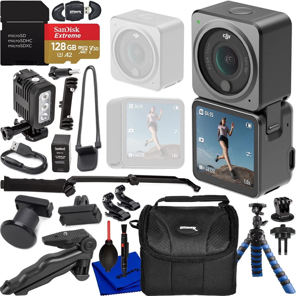 DJI Action 2 Dual-Screen Combo with 128GB Memory Card and Deluxe Action Bundle. Includes LED Video Light, 3-in-1 Action Camera Grip (Selfie Stick/Action Grip/Tripod), 4X Action Mounts, and Much More