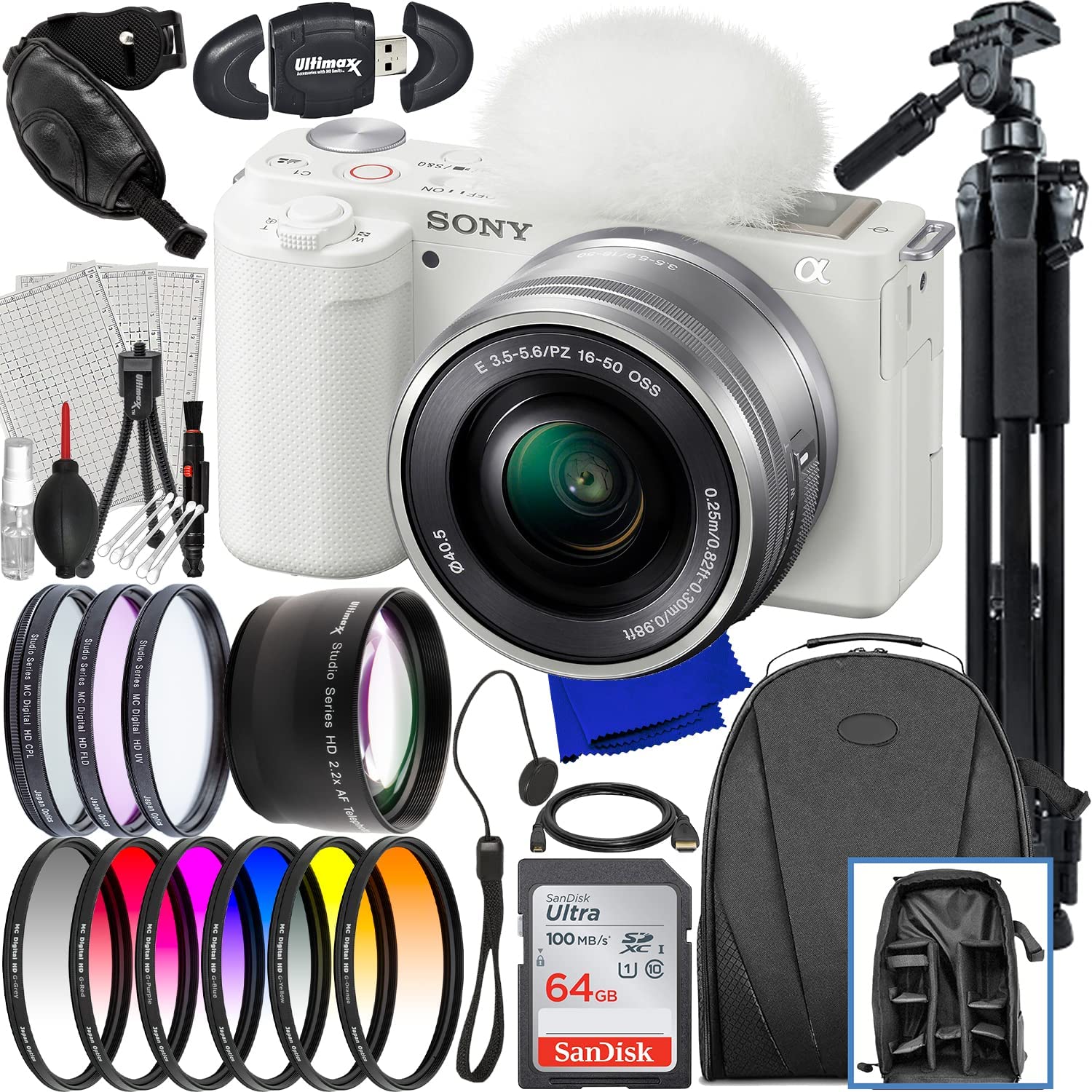 Sony ZV-E10 Mirrorless Camera with 16-50mm Lens (White) + Advanced Accessory Bundle: SanDisk 64GB Ultra SDXC, 60” Tripod, 6PC Gradual Color Filter Kit & Much More (33pc Bundle)