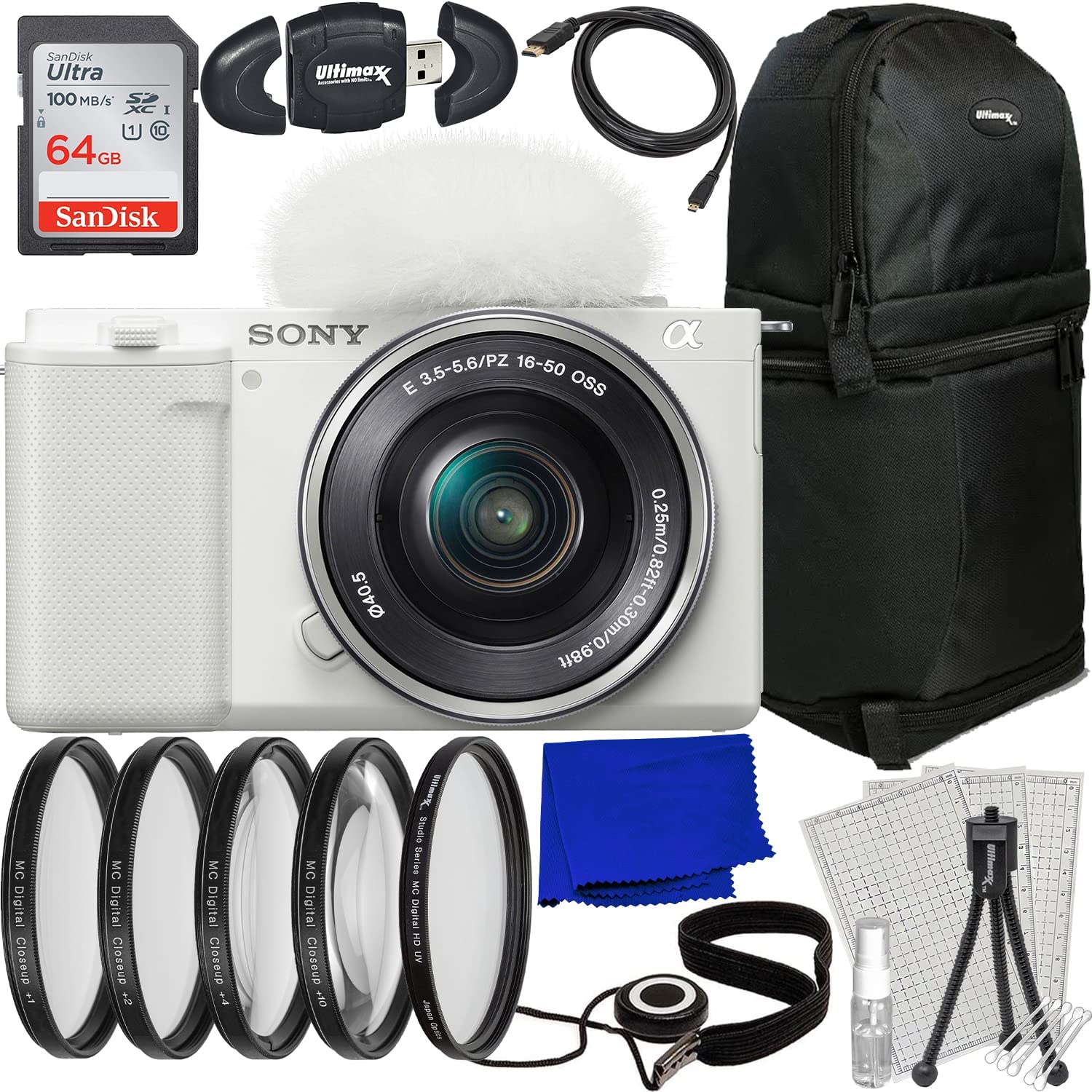 Sony ZV-E10 Mirrorless Camera with 16-50mm Lens (White) + Essential Accessory Bundle: SanDisk 64GB Ultra SDXC, 4PC Macro Close-Up Filter Kit & More (24pc Bundle)