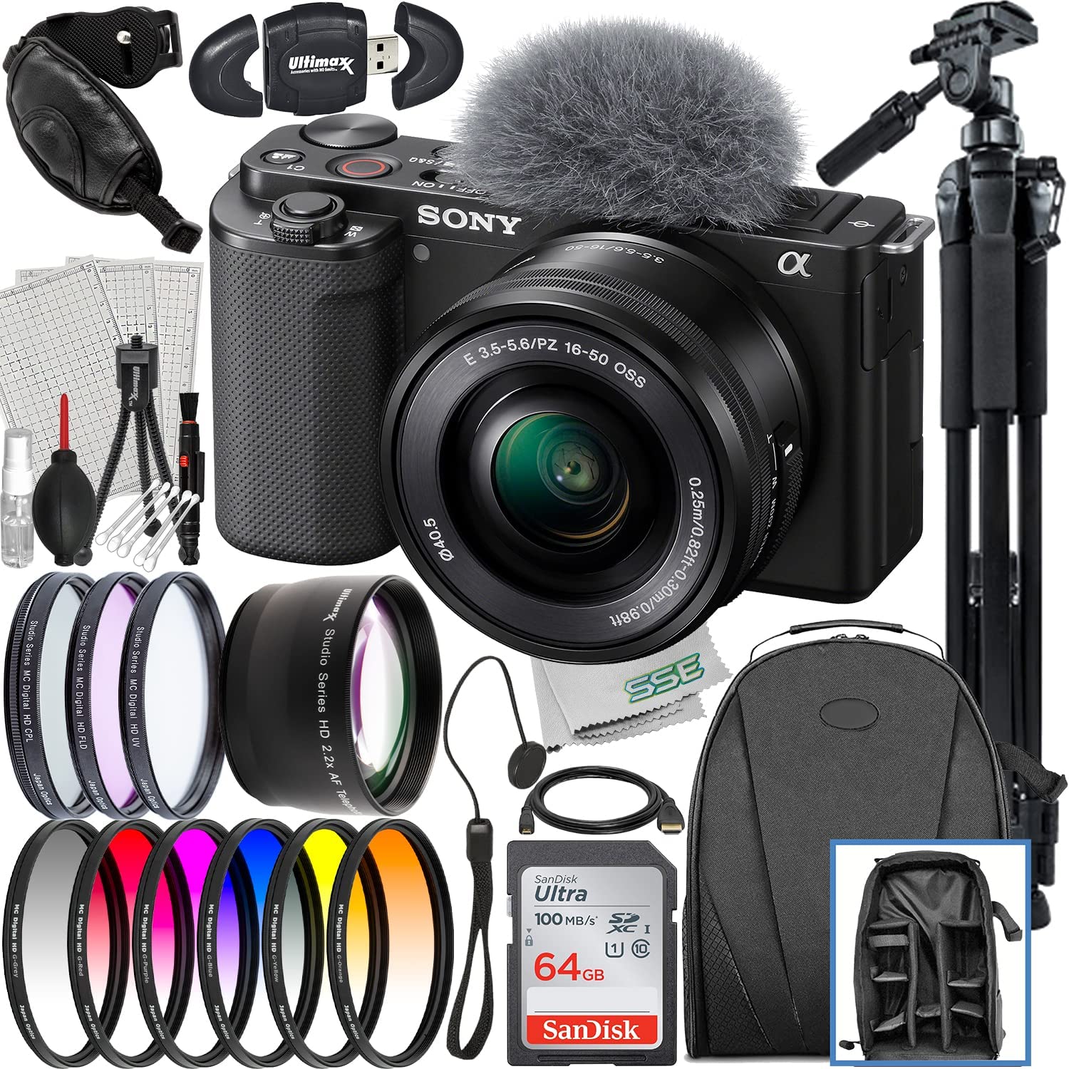 Sony ZV-E10 Mirrorless Camera with 16-50mm Lens (Black) + Advanced Accessory Bundle: SanDisk 64GB Ultra SDXC, 6PC Gradual Color Filter Kit, 60” Tripod & Much More (33pc Bundle)