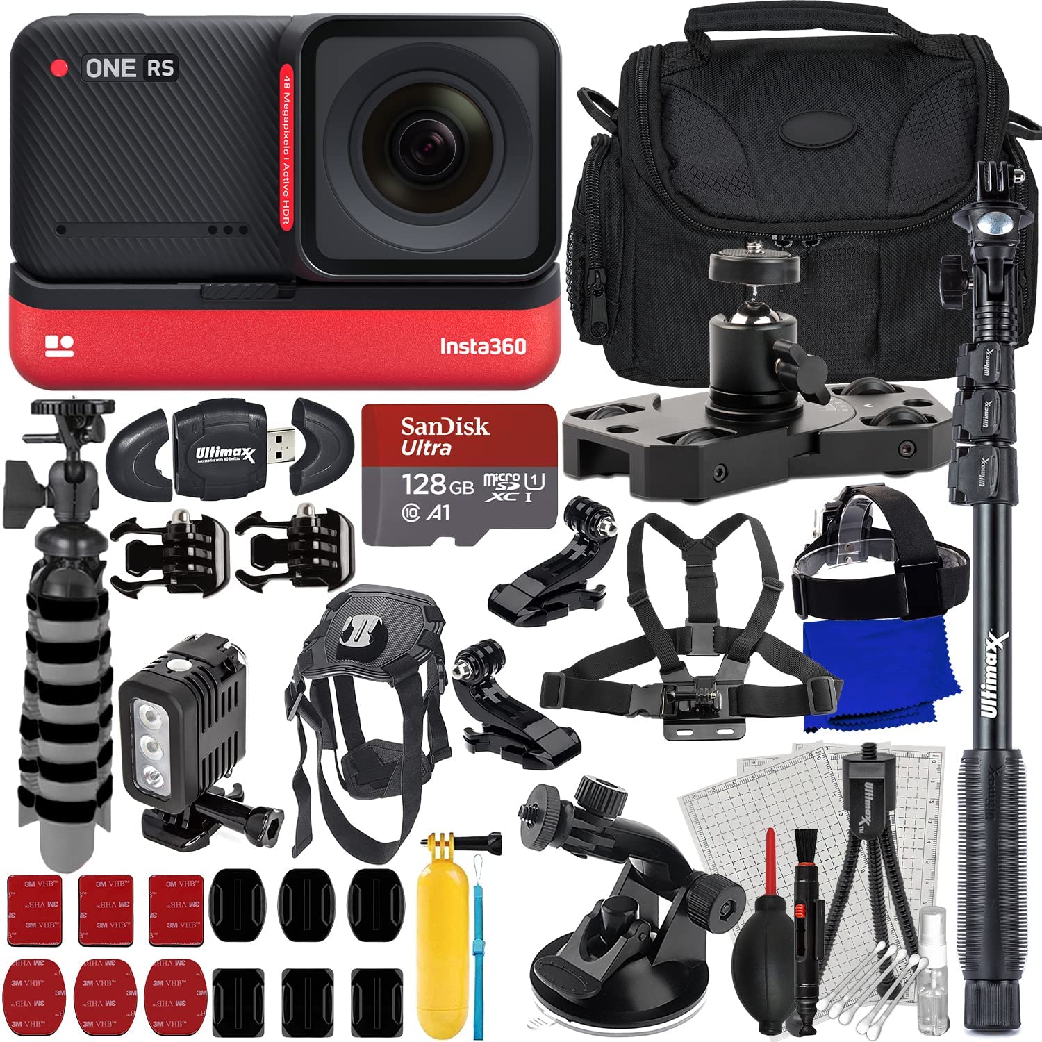 Insta360 ONE RS 4K Edition + SanDisk 128GB Ultra MicroSDXC, Underwater LED Light, Mini Metal Camera Dolly, Action Cam Harness for Pets, Chest & Head Straps w/Action Cam Mounts &Much More(34pc Bundle)