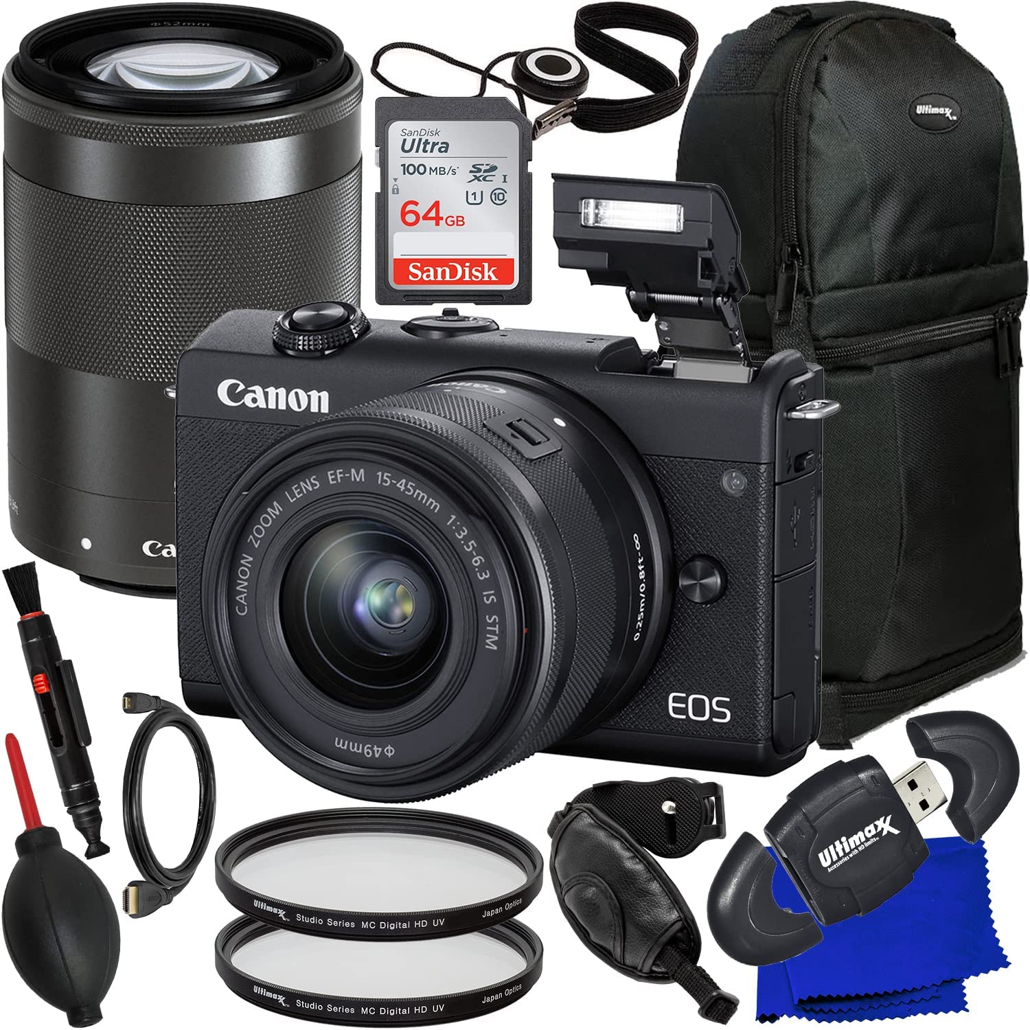 Canon EOS M200 Mirrorless Camera With 15-45mm & 55-200mm Lenses (Black) +  Essential Accessory Bundle: SanDisk 64GB Ultra SDXC, 2x Multi-Coated UV