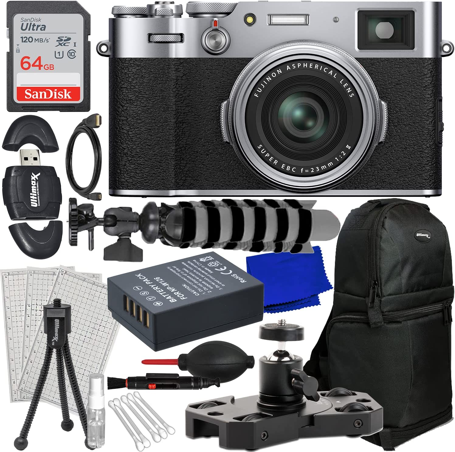 FUJIFILM X100V Digital Camera (Silver) + SanDisk 64GB Ultra SDXC, Spare Battery, Portable Mini Metal Camera Dolly, Water-Resistant Sling Backpack, Mini “Gripster” Tripod & Much More (23pc Bundle)