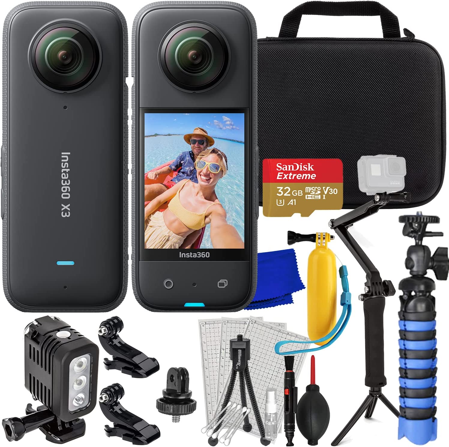 Insta360 ONE X3 with Ultimaxx Advanced Action Bundle + SanDisk 32GB Extreme microSDHC, 40M Underwater LED Light, 3-in-1 Action Camera Multi-Grip, Mini “Gripster” Tripod & Much More (21pc Bundle)