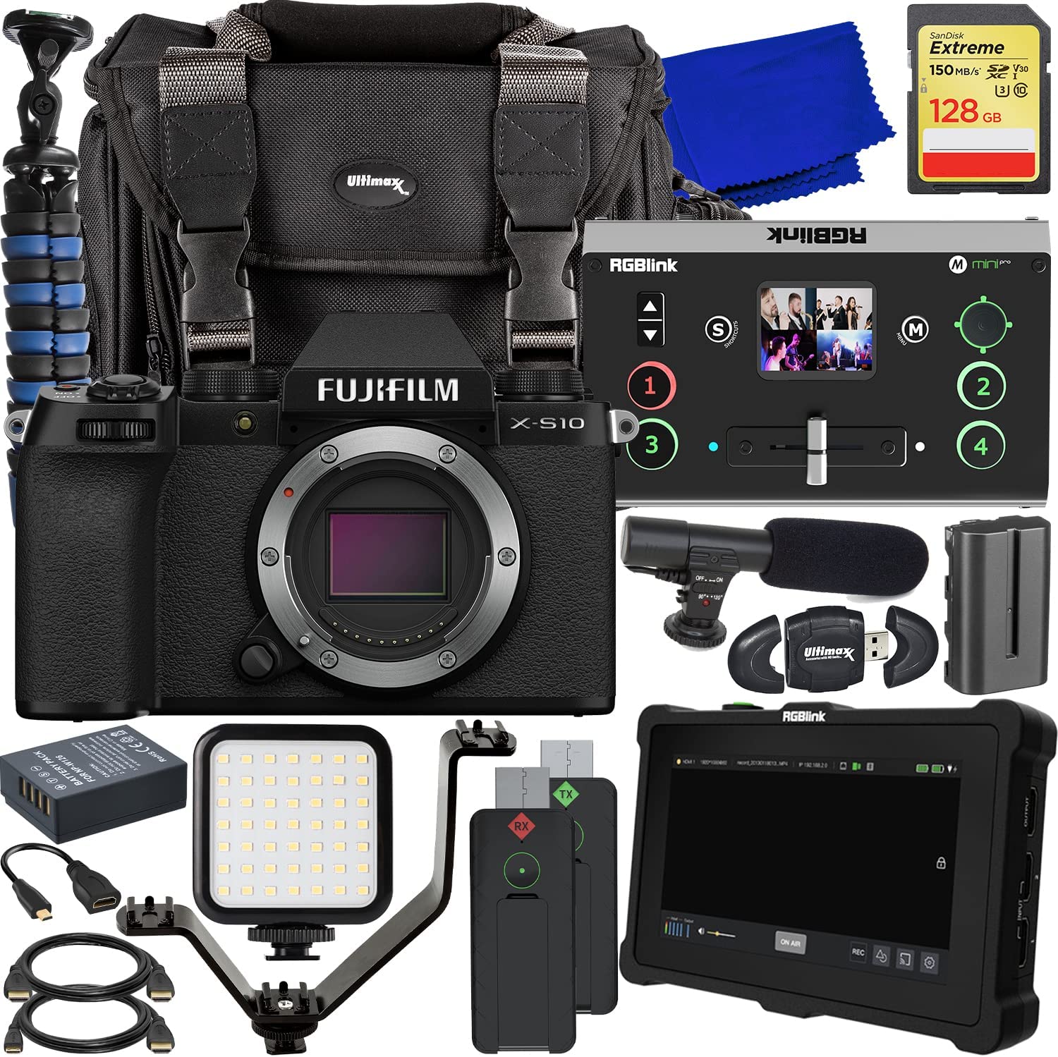 Streaming/Vlogging Complete Bundle + RGBlink Mini Pro, Tao 1pro, Ask Nano Starter Set + FUJIFILM X-S10 Mirrorless Camera (Body Only), SanDisk 128GB Extreme SDXC & Much More (35pc Bundle) Brand: Ultimaxx