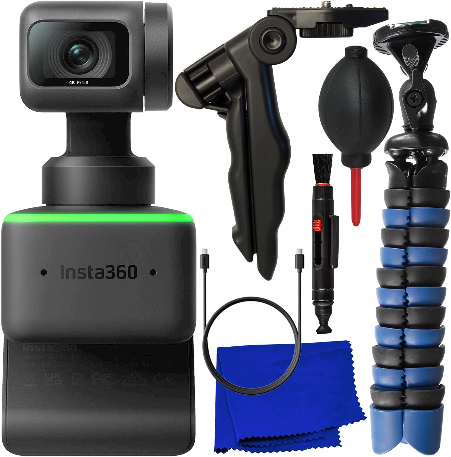 Insta360 Link UHD 4K AI Webcam + Ultimaxx Tripod Bundle + Manufacturer Accessories, Mini “Gripster” Tripod, 6.5” Tabletop “Pistol Grip” Tripod, Dust Blower, Microfiber Cloth & More (8pc Bundle)