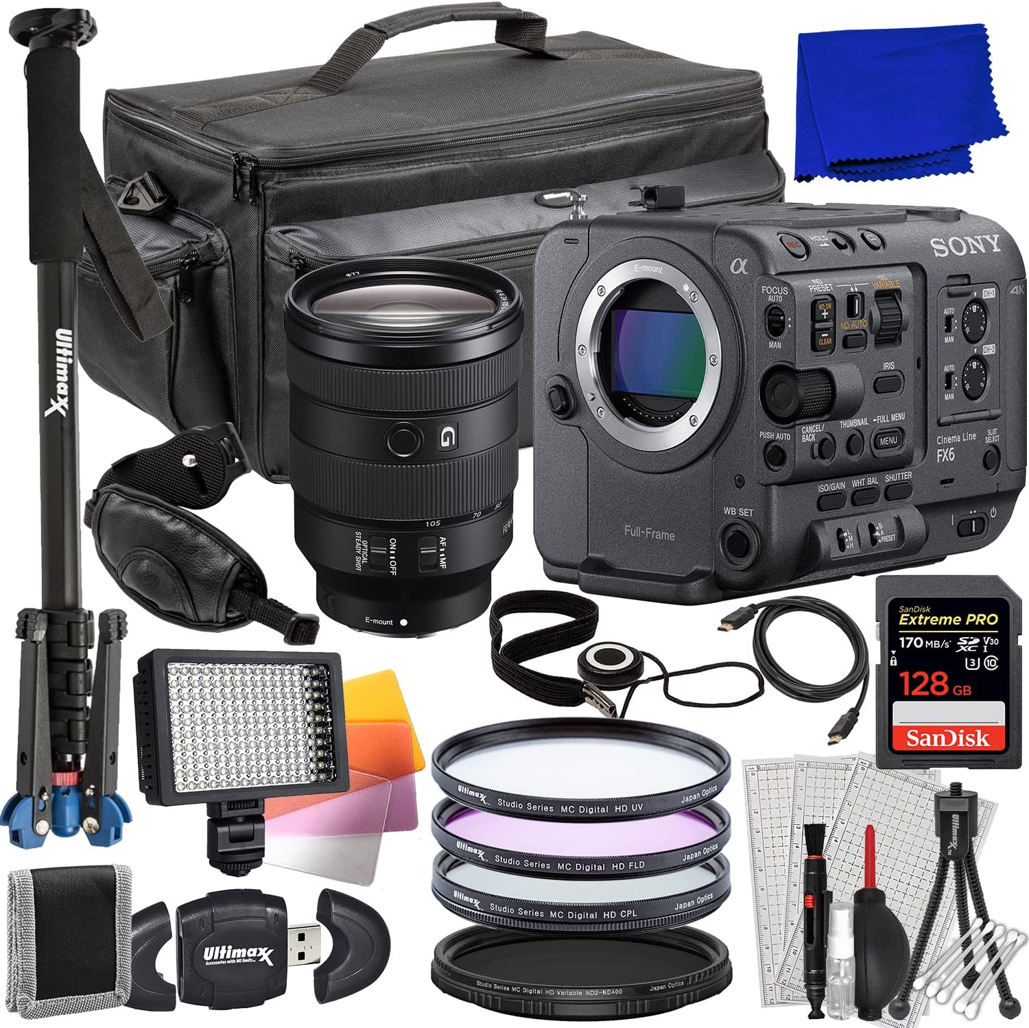 Sony FX6 Digital Cinema Camera Kit with 24-105mm Lens + SanDisk 128GB Extreme Pro Memory Card, 160 LED Video Light, Deluxe 62â? Monopod & Much More (35pc Bundle)