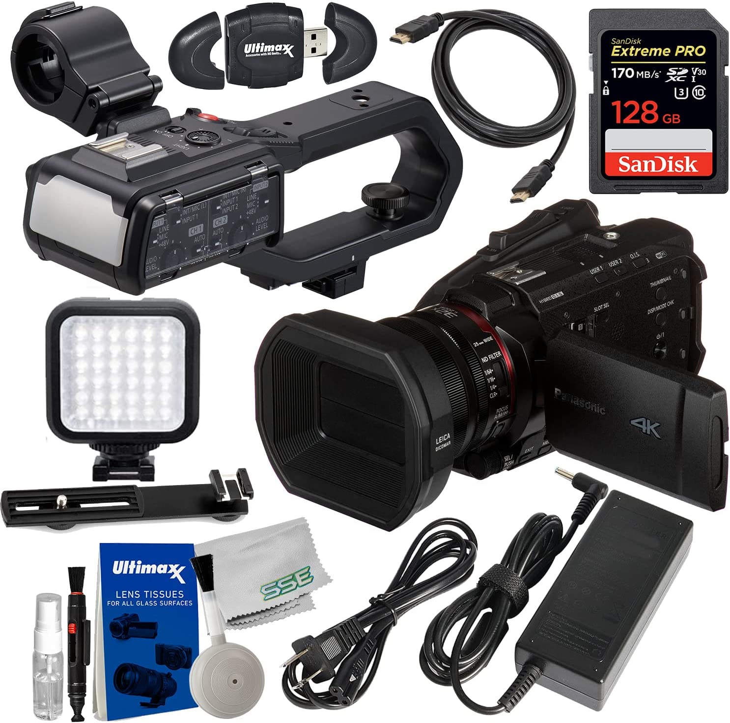 Panasonic HC-X2000 UHD 4K 3G-SDI/HDMI Pro Camcorder + 128GB Memory Card, Rechargeable 36 LED Light with Bracket, 6Ft. HDMI Cable & More (13pc Bundle), (PAHCX2000BB2)