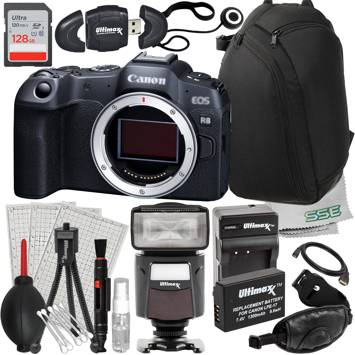  Canon EOS R8 Mirrorless Camera Bundle (Body Only) - Includes: 128GB Ultra SDXC, Universal Speedlite, Replacement Battery & Much More (22pc Bundle)